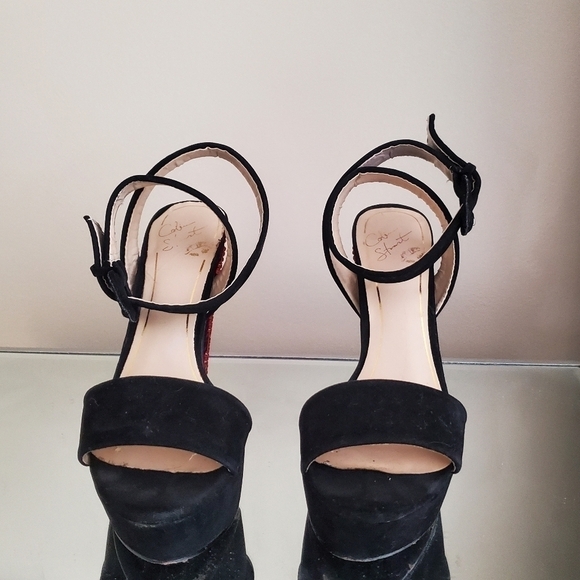 Colin Stewart Black Suede Red Jeweled Gem Studded Strappy Open Toe Heels - Picture 4 of 11